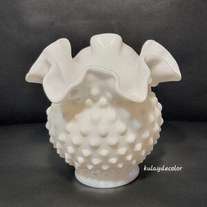 Vintage Fenton Hobnail Milk Glass Vase Ruffled Edge White Art Glass Collectible